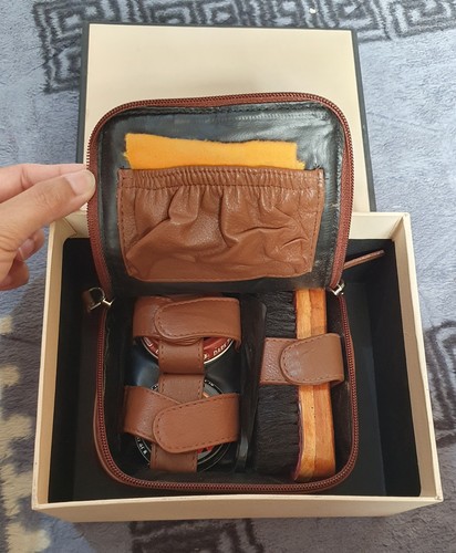 Brown leather shoe care kit - shoe, in